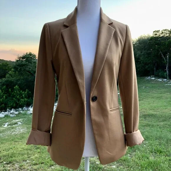 Tan Blazer Womens Small Long Sleeve Forever 21 Work Office Business Casual Fall - Picture 11 of 16